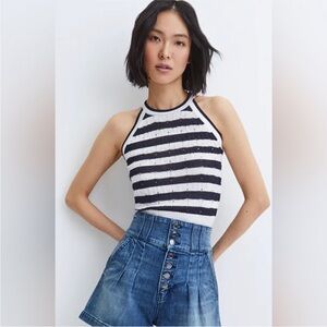 NWT Veronica Beard - Dera Pointelle-knit Tank - Blue and White xs $298